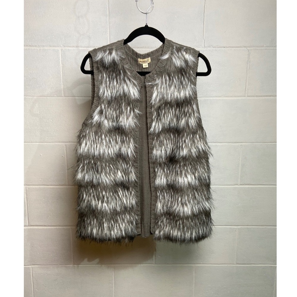 One World Live and Let Live Gray Faux Fur Vest with Layered Stripes Size Medium